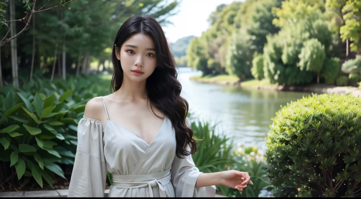 headlight，tree, plant, Palm_tree, w~toer, 1 girl, flower, pond, cropped shoulder，shift dress，playing with clothes， hair_decor~toions, 화분to 심은_plant, hair_flower, Lily_pad, alone, 대tree, branch, lake,,, afternoon, waist belt, looking for_~to_peeping ~to the viewer, grass, bush, leg, mind, large_Sleeve,, long_hair, leaf,biggest，(reply:1.2)，face lighting