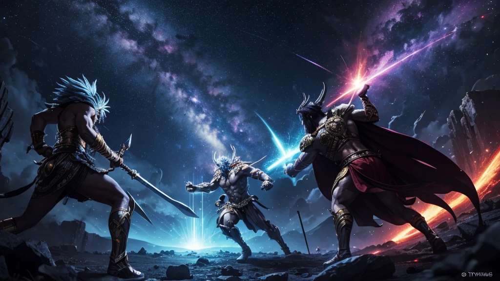 zeus vs cronus, in a battle with tyrants and demons in the universe with bright and colorful galaxies