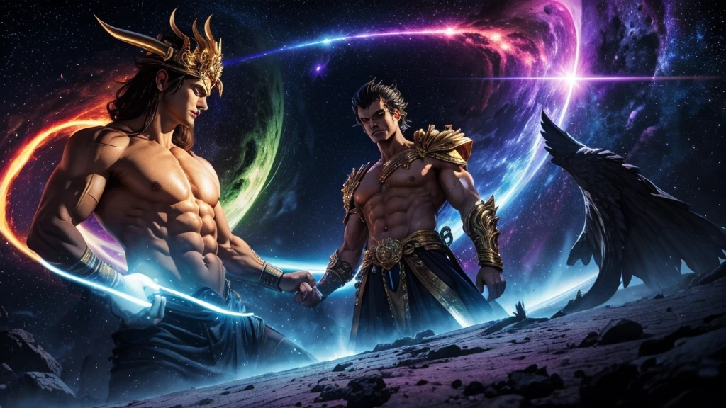 zeus vs cronus, in a battle with tyrants and demons in the universe with bright and colorful galaxies