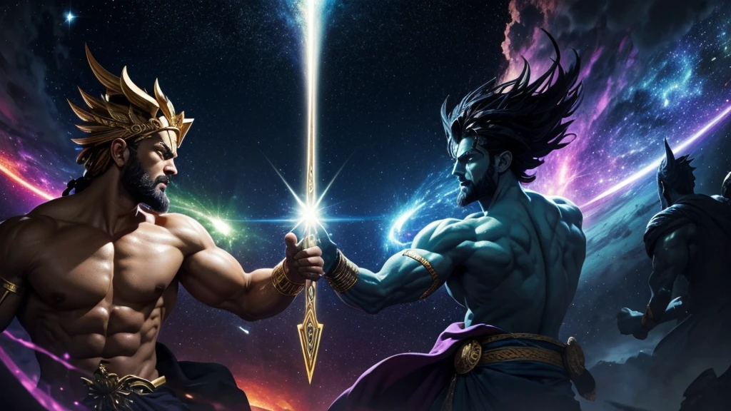zeus vs cronus, in a battle with tyrants and demons in the universe with bright and colorful galaxies