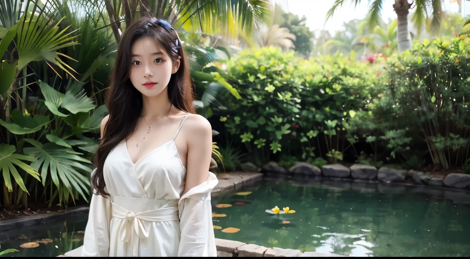 headlight，tree, plant, Palm_tree, w~toer, 1 girl, flower, pond, cropped shoulder，shift dress，playing with clothes， hair_decor~toions, 화분to 심은_plant, hair_flower, Lily_pad, alone, 대tree, branch, lake,,, afternoon, waist belt, looking for_~to_peeping ~to the viewer, grass, bush, leg, mind, large_Sleeve,, long_hair, leaf,biggest，(reply:1.2)，face lighting