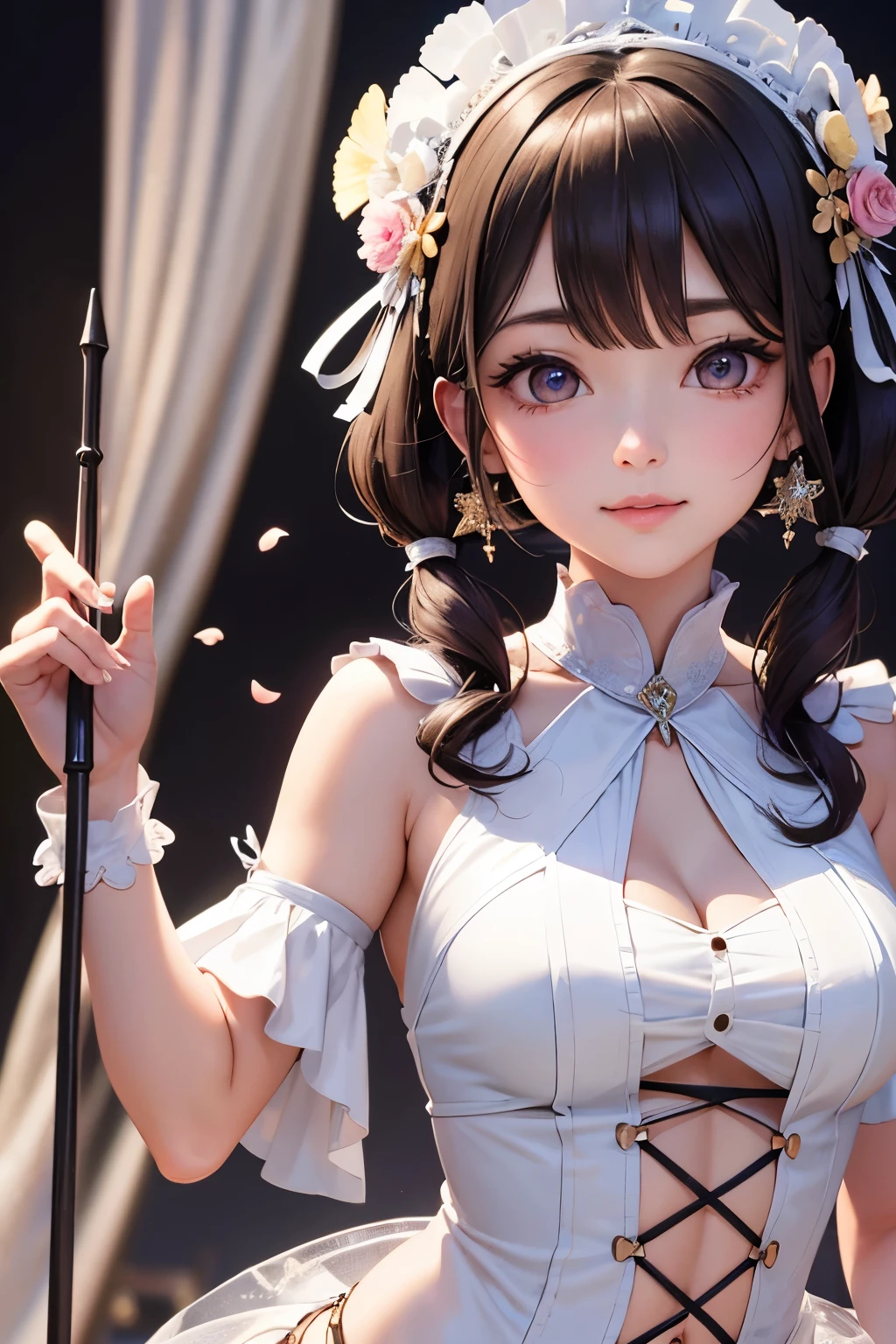One Girl、Looking at the audience、
Beautiful Pink Eyes、brown short twintail hair, Mole under the eye、Plump and glossy lips、Heart-shaped choca、Idol、she is name May , smile、ー、。.。.。.。.。.。.。.。.。.。.。.。.。.。.。.。.。.。.3D、Realistic、
idol costume、short skirt,Drape clothes、gem、The decoration has been removed、Floral、Lace trim,On the glittering stage、
masterpiece、highest quality、8k、Detailed skin texture、Detailed cloth texture、Beautifully detailed face、Intricate details、Very detailed、
超A high resolution、8K Ultra HD、Film Grain、Best Shadow、delicate、Staring at the audience、front