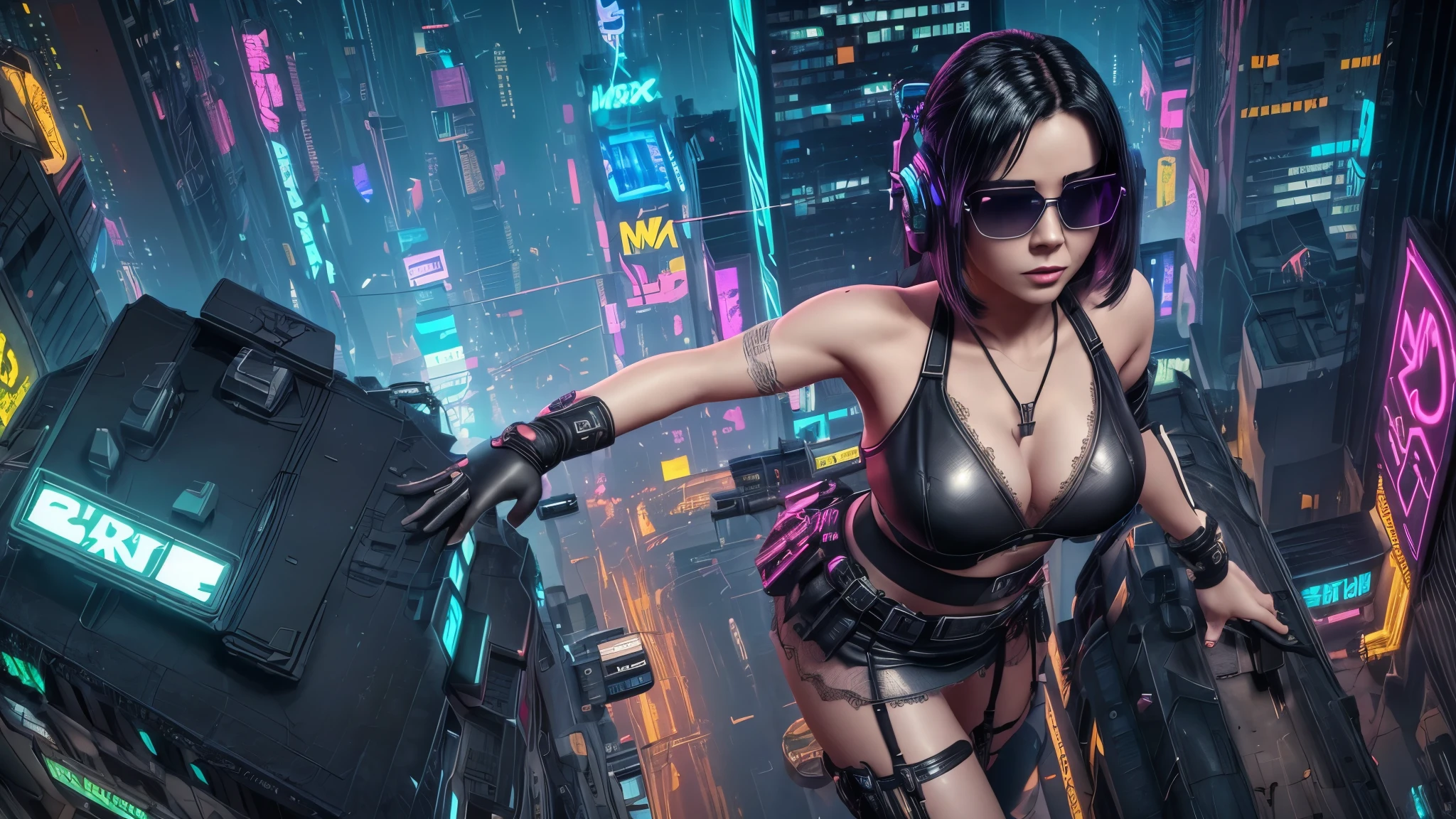 (((1woman, solo))), rainbow light, 3d neon art of a woman's body, cyberpunk femme fatale, seductive cyberpunk dark fantasy, cyberpunk 20 y. o large-breast:1.4 model girl, (((with black miniskirt and white lace panty, with matrix style black micro sunglasses))), oppai cyberpunk, banner, high definition cgsociety, cgsociety masterpiece, trending on cgstation, kda, (((((aerial view))))) image of neon-noir cyberpunk city in the background.