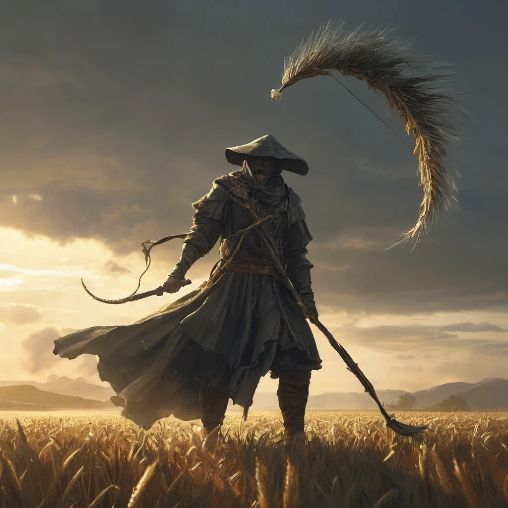 As the setting sun casts a golden hue over the endless expanse of wheat, a lone figure moves with steady determination through the field. His short, curly brown hair catches the last rays of light, giving it a fiery glint against the backdrop of swaying stalks.
Clad in humble attire befitting a medieval farmer—rough-spun trousers and a tunic weathered by years of toil—he carries a scythe slung over his shoulder, its blade reflecting the fading sunlight. A leather belt cinches his waist, holding pouches of seeds and tools of his trade.
Around him, the wheat whispers tales of prosperity and hardship, its amber waves stretching towards the darkening sky. The air is thick with the scent of harvest and the distant promise of rain.
Despite the peaceful scene, shadows linger at the edges of the field, hinting at unseen dangers lurking beyond the safety of the crops. Perhaps he tends this field not just for sustenance, but as a guardian against ancient curses or malevolent spirits that stir beneath the earth.
With each step he takes, he embodies the resilience and fortitude of those who till the land in this realm of dark medieval fantasy—a world where even the simplest of tasks may hold the key to survival amidst forces both natural and supernatural."