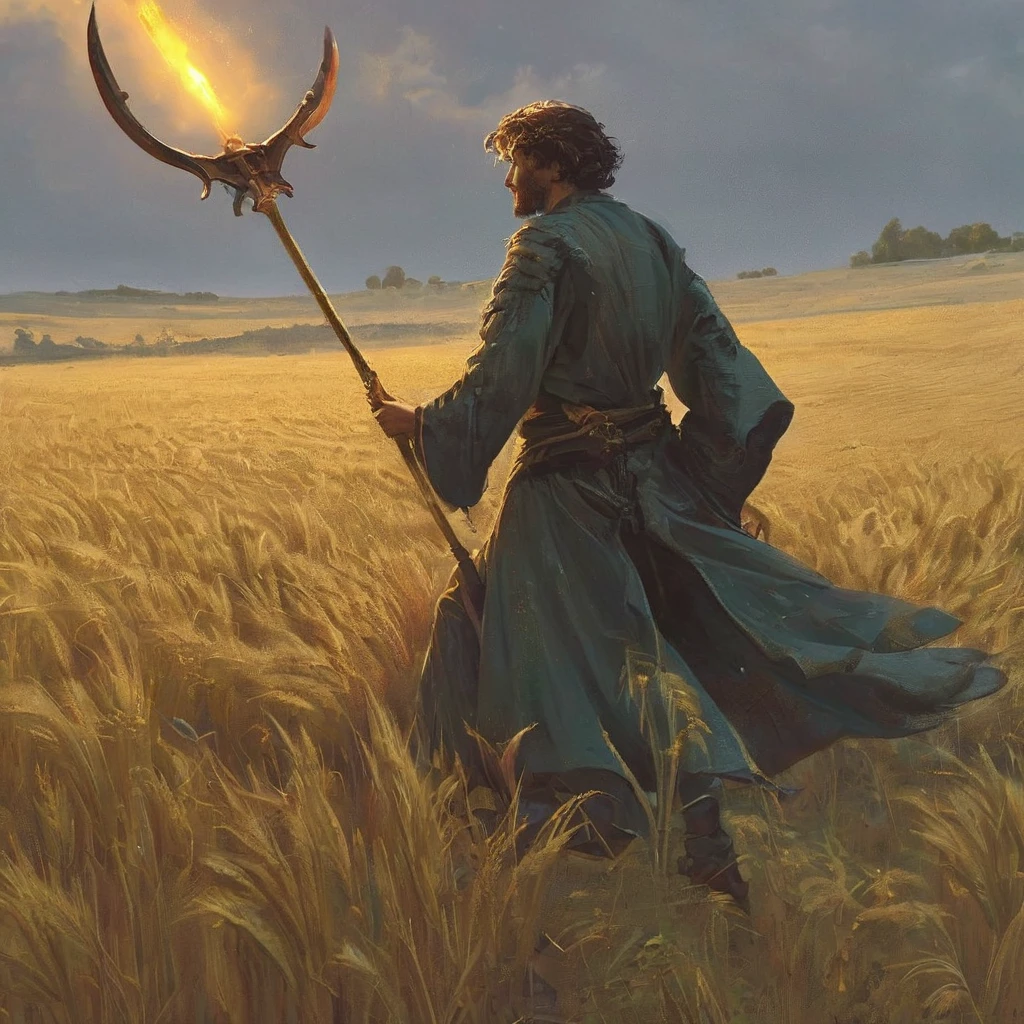 As the setting sun casts a golden hue over the endless expanse of wheat, a lone figure moves with steady determination through the field. His short, curly brown hair catches the last rays of light, giving it a fiery glint against the backdrop of swaying stalks.
Clad in humble attire befitting a medieval farmer—rough-spun trousers and a tunic weathered by years of toil—he carries a scythe slung over his shoulder, its blade reflecting the fading sunlight. A leather belt cinches his waist, holding pouches of seeds and tools of his trade.
Around him, the wheat whispers tales of prosperity and hardship, its amber waves stretching towards the darkening sky. The air is thick with the scent of harvest and the distant promise of rain.
Despite the peaceful scene, shadows linger at the edges of the field, hinting at unseen dangers lurking beyond the safety of the crops. Perhaps he tends this field not just for sustenance, but as a guardian against ancient curses or malevolent spirits that stir beneath the earth.
With each step he takes, he embodies the resilience and fortitude of those who till the land in this realm of dark medieval fantasy—a world where even the simplest of tasks may hold the key to survival amidst forces both natural and supernatural."