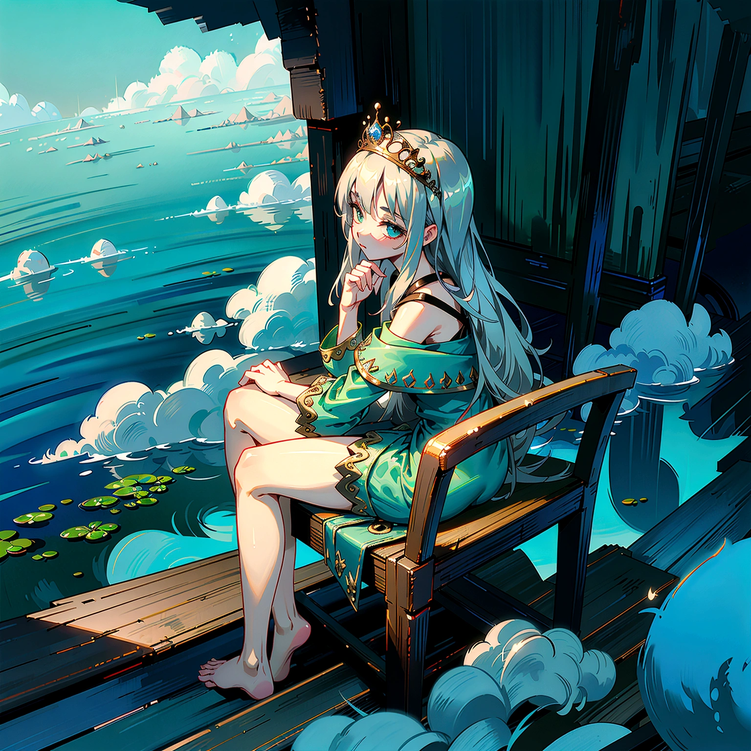 ((Best Quality)), ((Masterpiece)), (Very Detailed:1.3), 3D, Shitu-mecha, Beautiful evening gown woman wearing a crown with her tiara in ballroom, long silver hair, sci-fi technology, HDR (High Dynamic Range), ray tracing, NVIDIA RTX, super resolution, Unreal 5, subsurface scattering, PBR texture, post-processing, anisotropic filtering, depth of field, maximum sharpness and sharpness, Multi-layer textures, albedo and specular maps, surface shading, accurate simulation of light-material interactions, perfect ratios, octane rendering, duotone lighting, low ISO, white balance, rule of thirds, wide aperture, 8K RAW, efficient sub-pixels, subpixel convolution, luminous particles, light scattering, Tyndall effect,
 1 Girl,solo, Silver Hair，Silver pupils，Barefoot，Slender figure，Slim body，Bangs，Slightly curly long hair，Messy hair，bedroom，beautiful girl，Beautiful face，Oval face，big eyes，Light makeup，Minors，Perfect for social media avatars，Face takes up 1 screen/4，Barefoot，Slender thighs，Disheveled，Off-shoulder，Shy expression,solo, skin texture, a lot of details, rich content