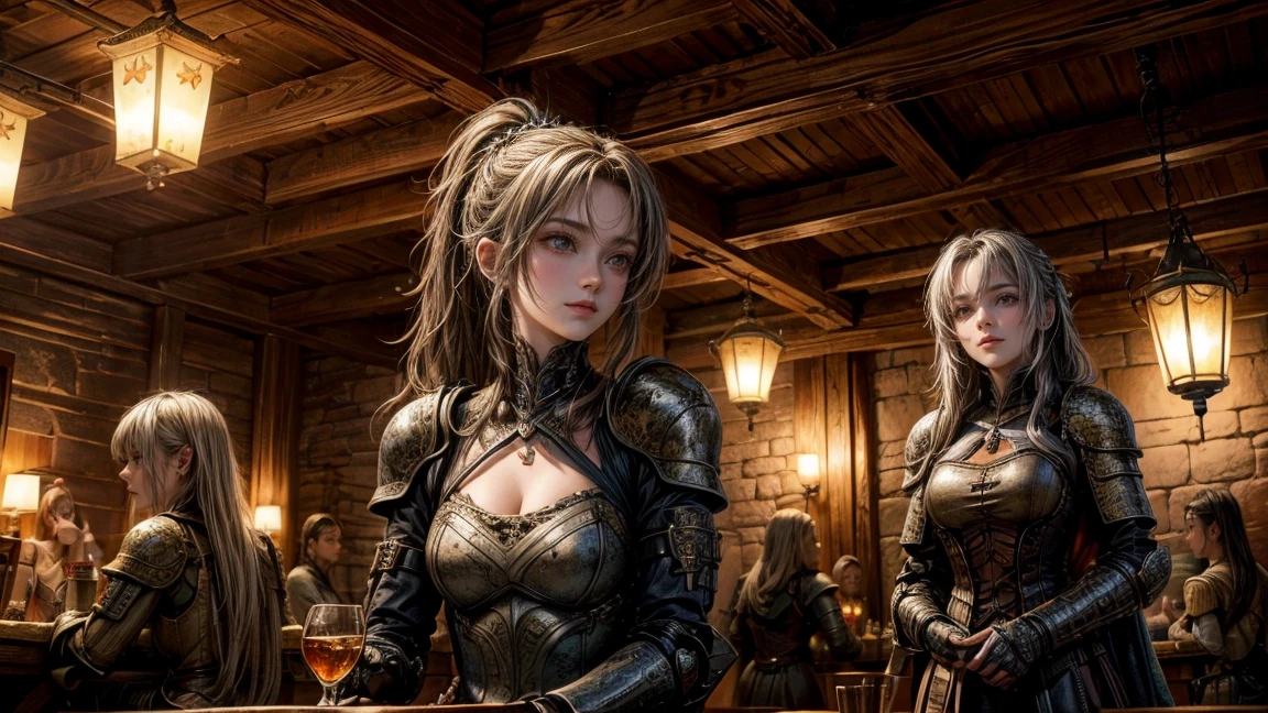 A highly detailed and realistic scene of a female adventurer from a medieval fantasy setting, shown from the waist up, sitting in a lively and atmospheric tavern with her companions. She is wearing intricately designed leather armor with a dark cloak. Her long hair is tied back in a ponytail. She has a warm, friendly smile and is laughing with her companions. The table in front of them is filled with rustic tankards made of wood or metal, similar to those used by pirates, and other medieval drinking vessels. The tavern is dimly lit with candles and lanterns, creating a cozy and inviting atmosphere. Her attire shows signs of wear and tear, indicating her experience and many adventures. The lighting is natural, with soft shadows to highlight the details of her armor, facial features, and the lively scene around her.