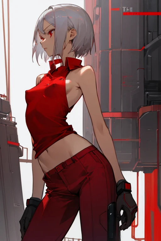 ((Highest quality)), ((masterpiece)), (Become familiar with), 1 girl, alone, Silver Hair,Brown Skin,Red eyes,Long trousers,Red sleeveless,((Red Shirt)),Clothes with a visible back, thin,thin,short hair,Small breasts, Erect nipples, gloves, cyber punk,sf
