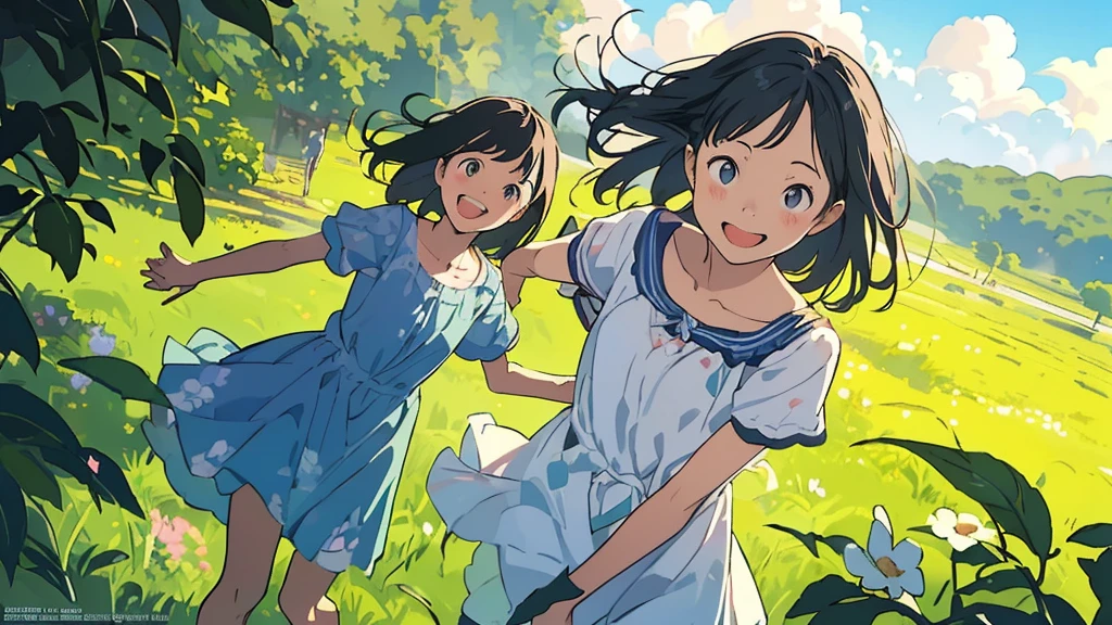 Reasonable design, Clear lines, High Sharpness, (Highest quality,8K,Perfect sharpness,Ultra fine,High resolution,masterpiece:1.2), Perfect Anatomy:1.5, Official Art, Illustrations that tell a story, (Whitish background:0. 9)、Body Positivity、多Mr.な身体表現、(Random and energetic poses)、Perfect beauty、Perfect beautiful face、Strong winds、A rich expression、Dynamic composition、smile、Golden ratio composition、colorful、((Mr.々Different angles and perspectives))、Anime Art、(Mini dress)、(Overcoming stereotypes)、 Glowing Skin、(Natural beauty)、smile、Bangs、(Soft and flowing hair)、(countryside)、(Nostalgic atmosphere)、Put up to your feet、(Playful and carefree)、(多Mr.な民族のキャラクター)、(innocent attitude)、(Sunny atmosphere)、(The skirt flutters wildly in the wind)、(Bright colors)、Beautiful Eyes、(Embarrassing)、Braided Hair、Summer Scene、Smiling among flowers、Angle from above、