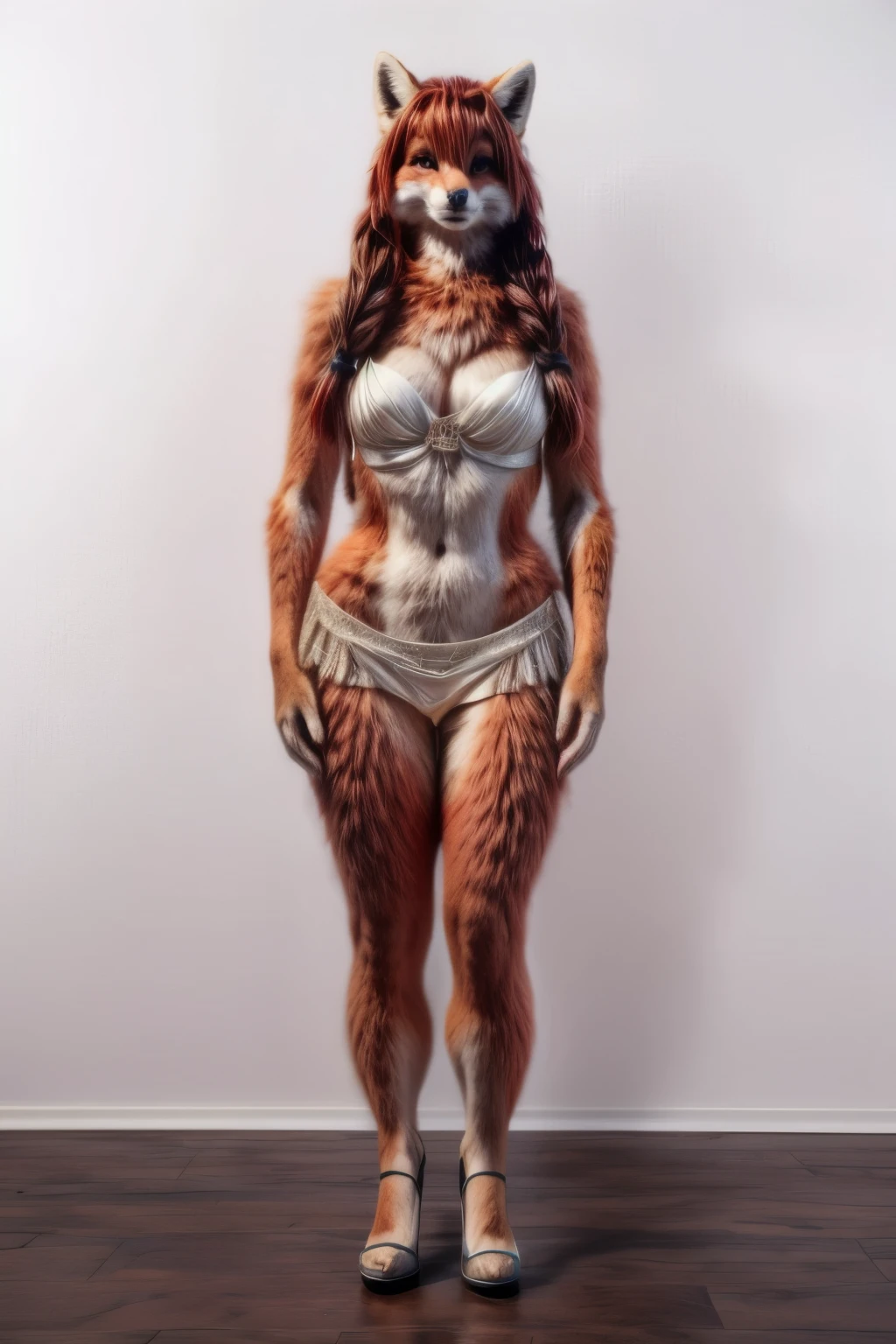UHD 8k, HDR+, cute anthro female fox, huge earrings, giant earrings, with redheads pigtails, fluffy red tail, High heels, intricately detailed, detailed background, realistic