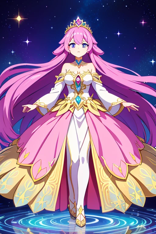 Regalith is a Pokémon of regal stature and elegance, embodying the grace and poise of a princess. It has a humanoid form with flowing robes that shimmer with opalescent hues of pink, purple, and gold, adorned with intricate patterns and jewels that sparkle in the light. Its long, flowing hair cascades like silk around a crown-like tiara set with gemstones that emit a soft, enchanting glow. Regalith's eyes are kind and wise, reflecting its noble spirit and compassionate nature., queen , humanoid pokemon , ball gown , beautiful eyes , full body