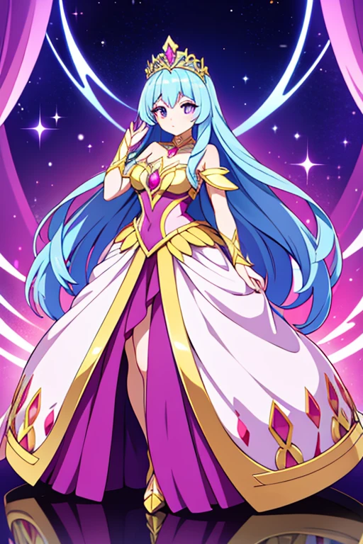 Regalith is a Pokémon of regal stature and elegance, embodying the grace and poise of a princess. It has a humanoid form with flowing robes that shimmer with opalescent hues of pink, purple, and gold, adorned with intricate patterns and jewels that sparkle in the light. Its long, flowing hair cascades like silk around a crown-like tiara set with gemstones that emit a soft, enchanting glow. Regalith's eyes are kind and wise, reflecting its noble spirit and compassionate nature., queen , humanoid pokemon , ball gown , beautiful eyes , full body