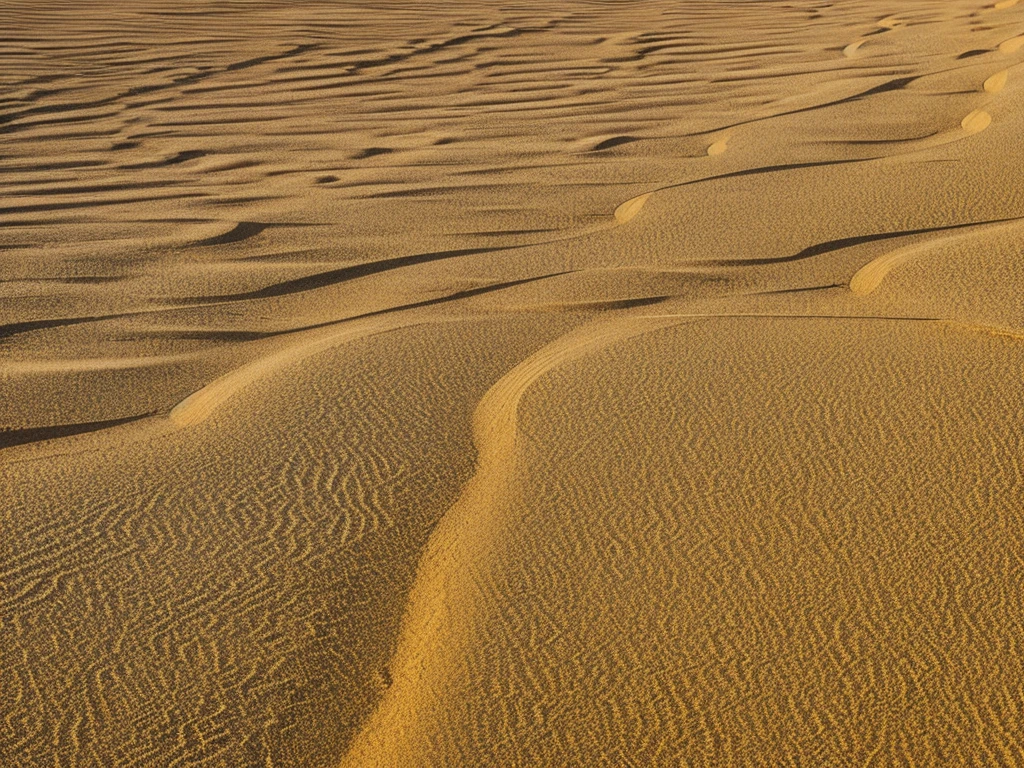 The desert landscape is a mesmerizing tapestry of undulating sand dunes and intricate patterns formed by wind erosion. The primary subject of this image is the vast expanse of the desert, showcasing the natural beauty and unique textures created by the forces of nature. This visually stunning photograph captures the contrast between the smooth, rolling dunes and the sharp, detailed patterns etched into the sand. The colors range from warm earth tones to cool blues and greys, blending seamlessly in a harmonious display of texture and form. Every detail is crisp and clear, inviting viewers to immerse themselves in the serene and captivating beauty of the desert landscape.