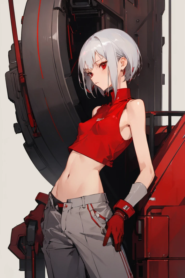 ((Highest quality)), ((masterpiece)), (Become familiar with), 1 girl, alone, Silver Hair,Brown Skin,Red eyes,Long trousers,Red sleeveless,((Red Shirt)),Clothes with a visible back, thin,thin,short hair,Small breasts, Erect nipples, gloves, cyber punk,sf