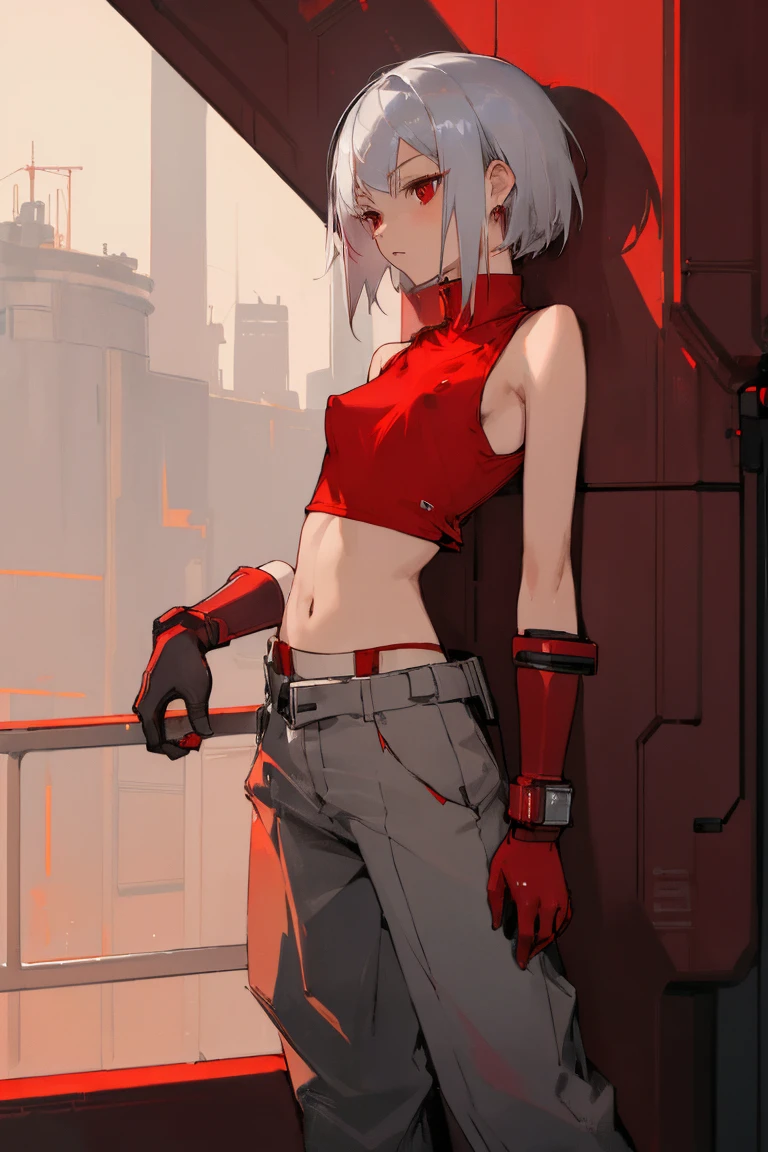 ((Highest quality)), ((masterpiece)), (Become familiar with), 1 girl, alone, Silver Hair,Brown Skin,Red eyes,Long trousers,Red sleeveless,((Red Shirt)),Clothes with a visible back, thin,thin,short hair,Small breasts, Erect nipples, gloves, cyber punk,sf