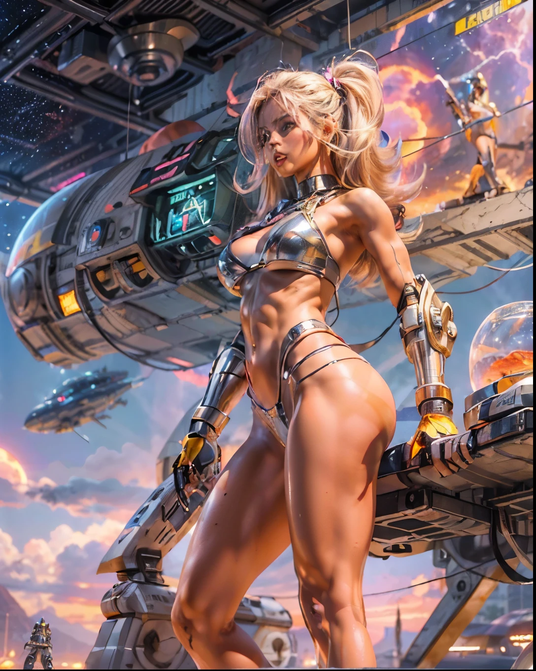 (((low angle shot))), ((women fighting in war wearing ultra thin translucent bikini with gorgeous muscular long legs)), ((pink silver black)), prismatic, reflective, ((ultra perfect flowing hairstyle)), (((huge natural breasts, tan lines))), ((perfect radiant skin color)), ((super colourful)), (((cinematic sunset gorgeous skies))), (((detailed spaceship background and incredibly sci-fi retro art masterpiece))), (((1:1 scale proportions))), ((science fiction)), ((chrome spaceships)), (((ultra photorealistic realism))), ((Smooth curves, clean lines, streamlined, functional aesthetics, reflective surfaces, integrated lighting, giant floating spaceships, engraved Egyptian and spiritual motifs)), ((acrylic plastic robot))