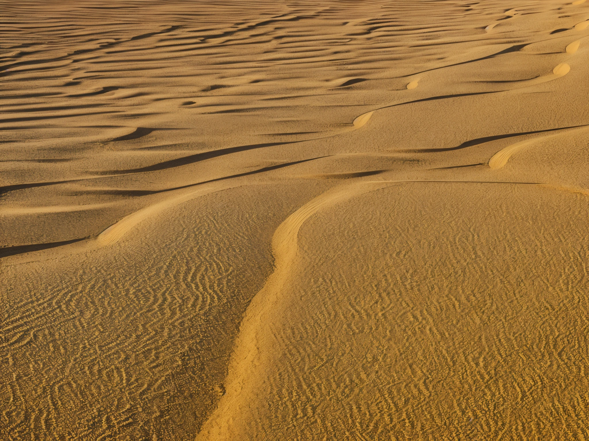 The desert landscape is a mesmerizing tapestry of undulating sand dunes and intricate patterns formed by wind erosion. The primary subject of this image is the vast expanse of the desert, showcasing the natural beauty and unique textures created by the forces of nature. This visually stunning photograph captures the contrast between the smooth, rolling dunes and the sharp, detailed patterns etched into the sand. The colors range from warm earth tones to cool blues and greys, blending seamlessly in a harmonious display of texture and form. Every detail is crisp and clear, inviting viewers to immerse themselves in the serene and captivating beauty of the desert landscape.