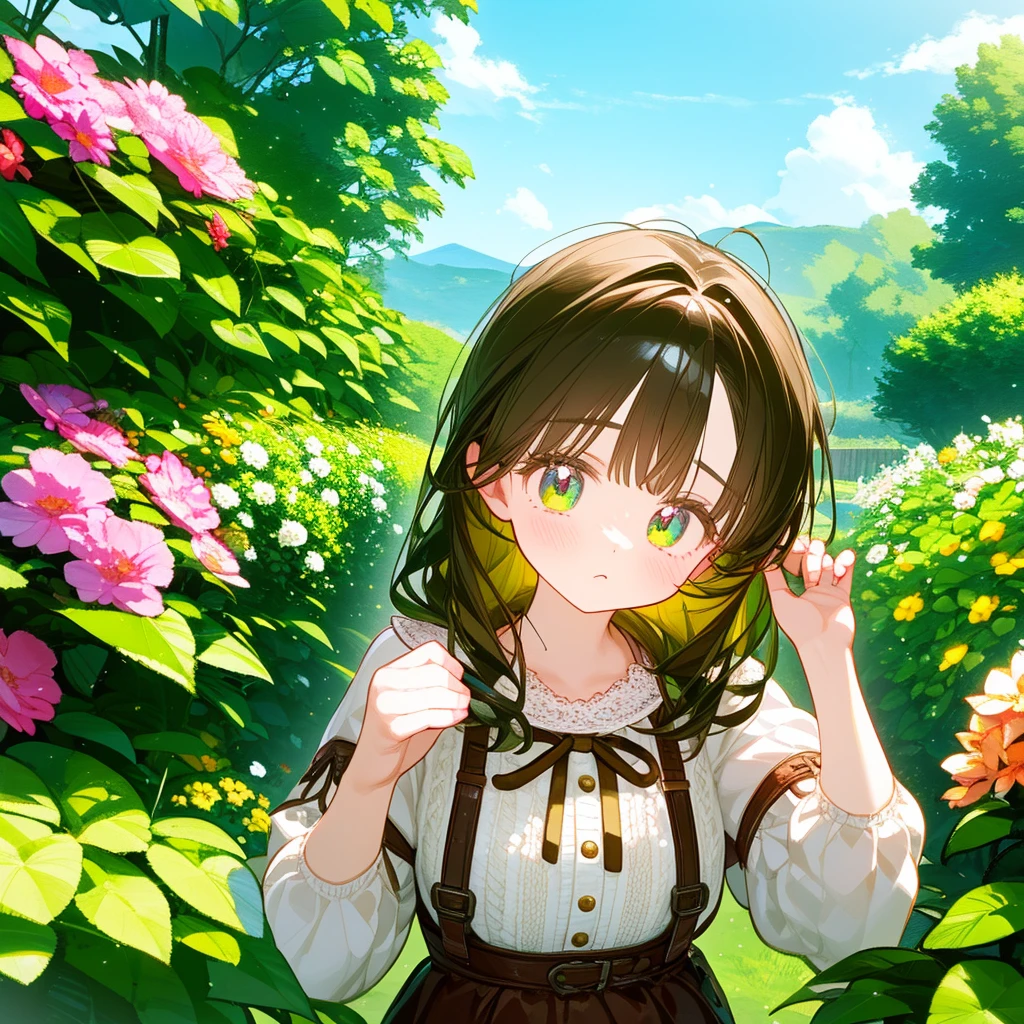 A vintage girl, in gardeninv, His hair color is brown, his eyes are green, bust up!!!!