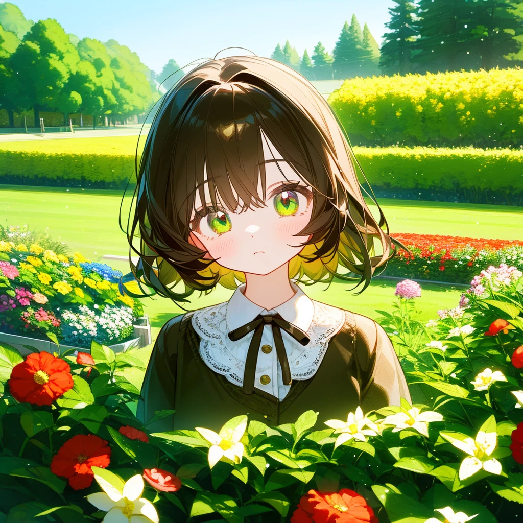 A vintage girl, in gardeninv, His hair color is brown, his eyes are green, bust up!!!!