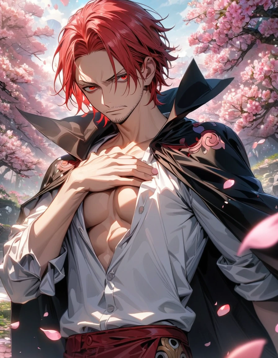 absurdres, highres, ultra detailed, HDR, masterpiece, extremely detailed face and eyes, Shanks, red hair, expressive red eyes, One Piece, solo, man, handsome, black cape, white shirt, showing the chest, blossoms, spring, pink butterflies, pink petals, pink flowers