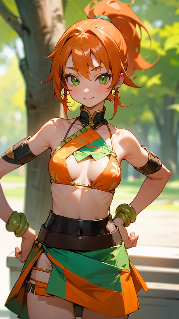 1 Girl、8K、Sharp focus、(Bokeh) (Highest quality) (Detailed skin:1.3) (Intricate details) (anime)、Orange Hair、ponytail、Green Eyes、18-year-old、(Please put your hands on your hips)、chest、Slim figure、bikini、A pareo skirt with bold ethnic patterns and plenty of primary colors、Realistic Skin、Shiny skin, Sunburned skin、Cowboy Shot、Side body、smile、smile、Park in the background、Soft lighting
