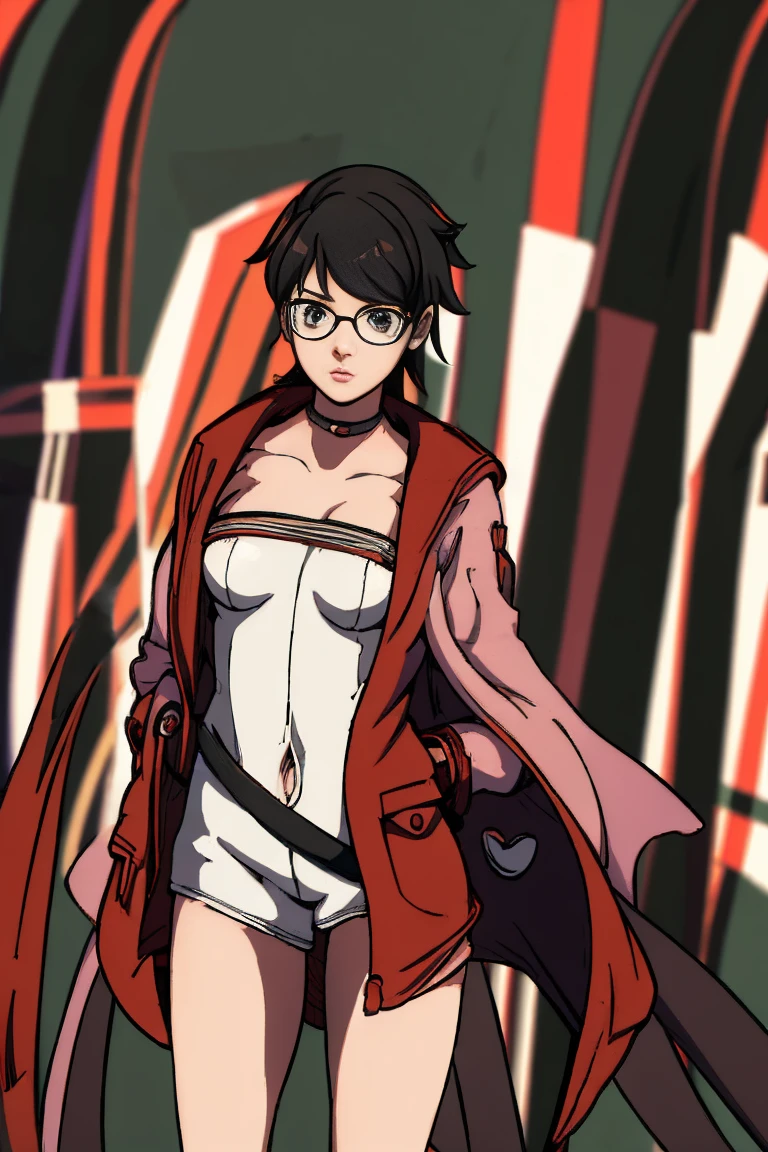 anime girl in a short dress and glasses with a red cape,| , female protagonist 👀 :8, realistic anime 3 d style, anime styled 3d, realistic anime artstyle((naked long belly)) (((((background forest))))))