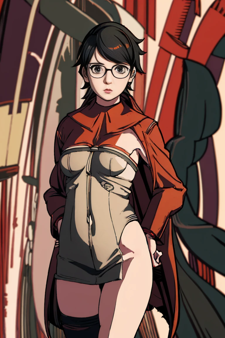 anime girl in a short dress and glasses with a red cape,| , female protagonist 👀 :8, realistic anime 3 d style, anime styled 3d, realistic anime artstyle((naked long belly)) (((((background forest))))))
