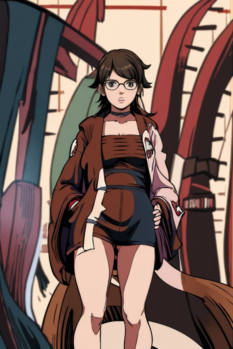 anime girl in a short dress and glasses with a red cape,| , female protagonist 👀 :8, realistic anime 3 d style, anime styled 3d, realistic anime artstyle((naked long belly)) (((((background forest))))))