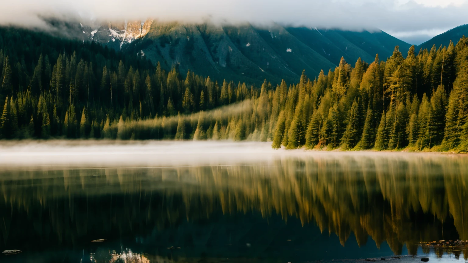 A quiet lake, which reflects the surrounding forests and mountains, with a slightly misty haze, that captures the early morning light