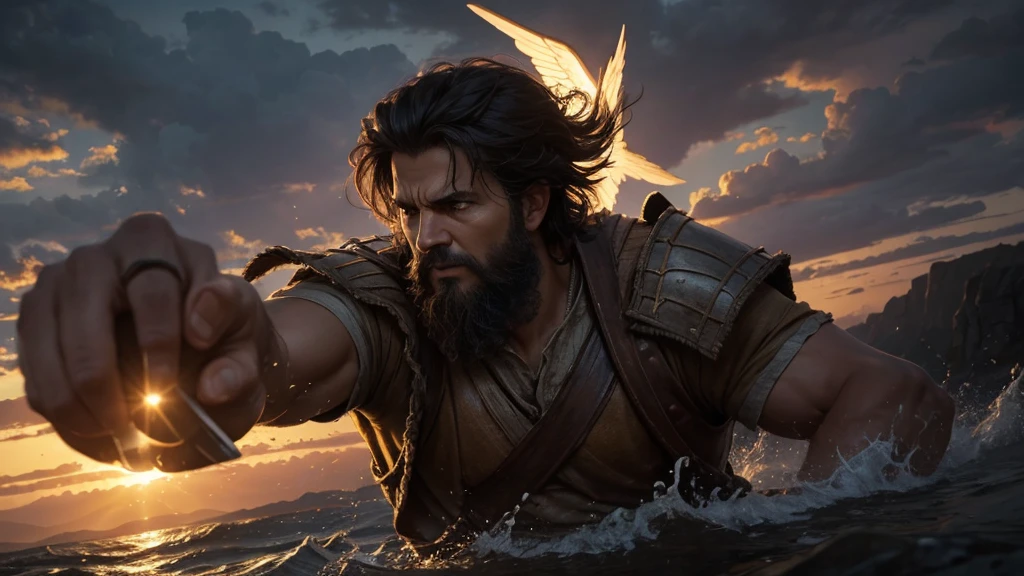 "biblical character "Jehovah", in a moment of demonstration of strength, driving away darkness with His powerful light."