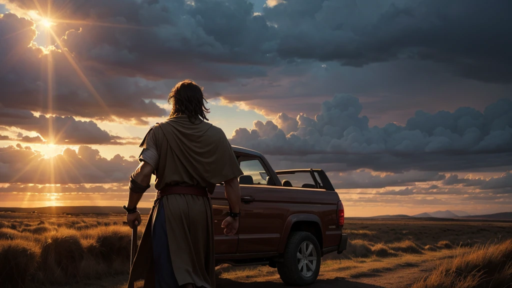 "biblical character "Jehovah", in a moment of demonstration of strength, driving away darkness with His powerful light."