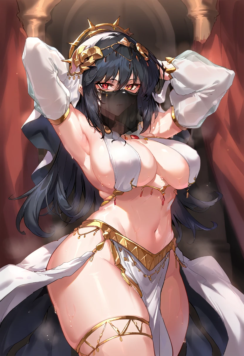 score_9, score_8_up, score_7_up, score_6_up, score_5_up, score_4_up, source_anime, 1girl, pale skin, black hair, long hair, red eyes, long eyelashes, expressionless, dancer, revealing clothes, mouth veil, white clothes, shiny skin, sweat, large breasts, wide hips, curvy, (toned:0.8), looking at viewer, cowboy shot
