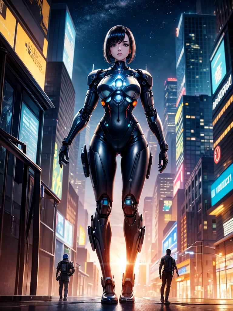 Highest quality,Highest Resolution,beautiful girl,Android,metallic,Mechanic,cyborg,Future city at night,Short black hair,whole body,