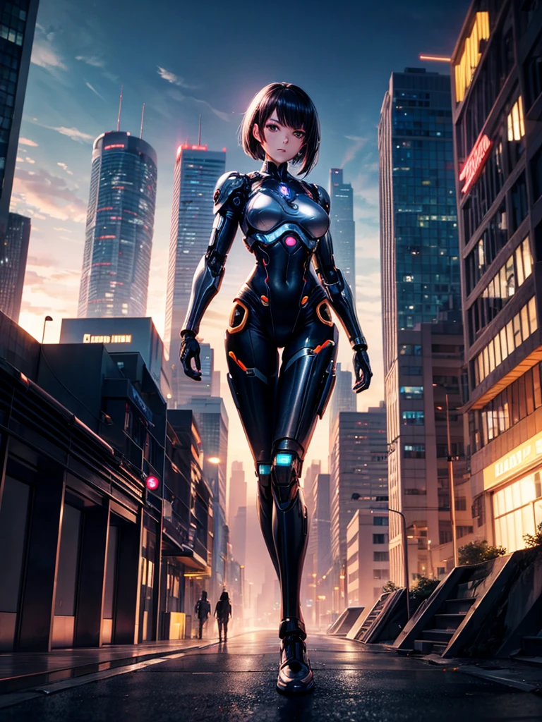Highest quality,Highest Resolution,beautiful girl,Android,metallic,Mechanic,cyborg,Future city at night,Short black hair,whole body,