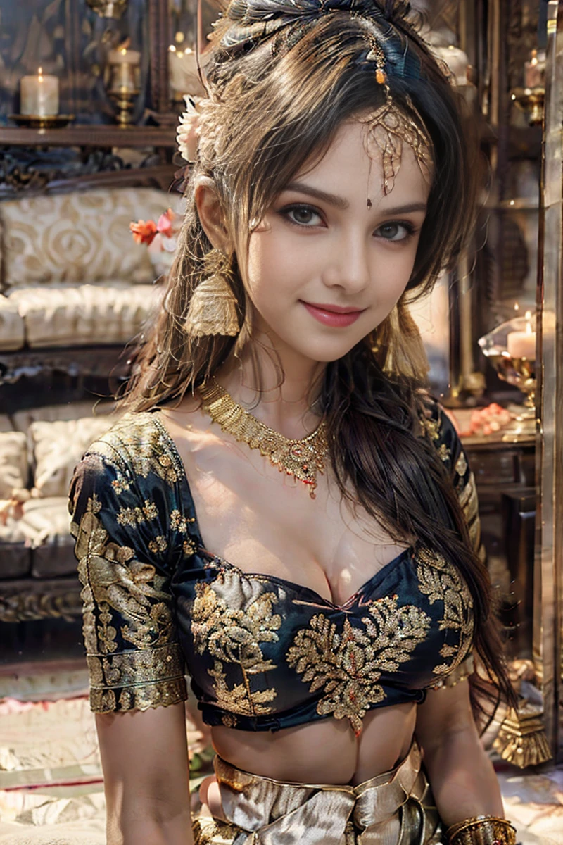 A young realistic woman adorned in very elegant traditional sexy Indian attire, cute and sexy face, very very enormous breasts(boobs), sexy body type, sexy outfit, sexy smile. Indian wedding (realistic perfect face))