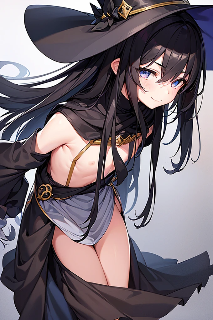 1 girl, cute girl, pretty face, bitter smile, , Beautiful black long hair, beautiful eyes, flat chest, small build, short torso, Small buttocks, No muscles, white skin, Western-style fantasy, RPG, wizard, Big magic wand, Big black hat,
