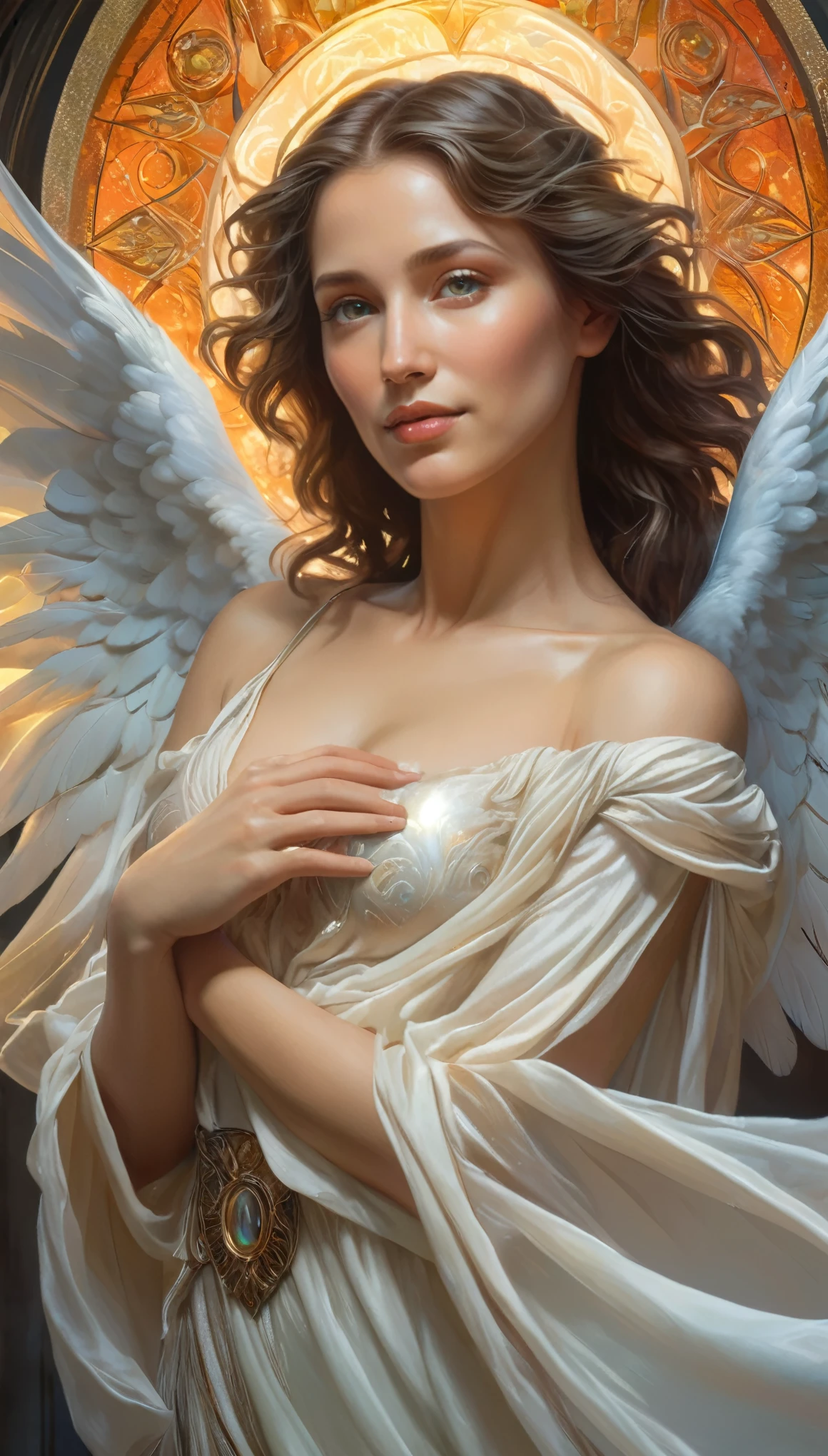 (best quality,4k,8k,highres,masterpiece:1.2), ultra-detailed, (realistic,photorealistic,photo-realistic:1.37),Close-up portrait of the most beautiful angel in the universe, D & D, face, Fantasy, complicated, elegant, Very detailed, Digital Painting, Art Station, Concept Art, Smooth, Sharp focus, figure, ArtJam, Greg Rutkowski, Art by Alphonse Mucha, sexy, iridescent eyes, (winking at viewers:1.5), Surrounded by a mysterious aura, Symmetrical face, Beautiful luminous eyes