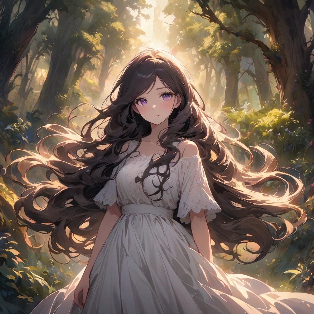 Generate an anime-style photo of a beautiful and serene girl in a lush forest with towering trees and sparkling streams. She should have long, flowing hair and expressive eyes, and be wearing a flowing white dress. The lighting should be soft and ethereal, and the overall atmosphere should be peaceful and serene.