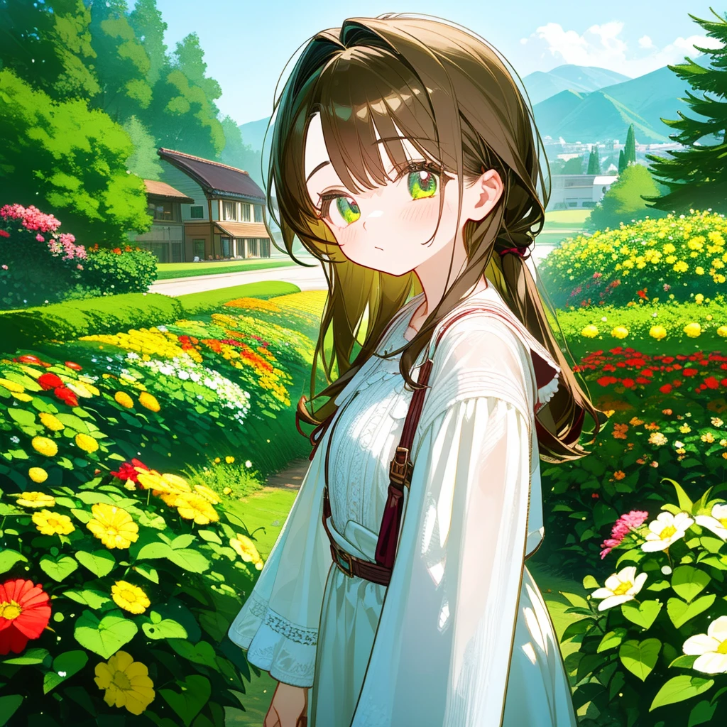 A solo vintage girl, in gardeninv, His hair color is brown, his eyes are green, bust up!!!!