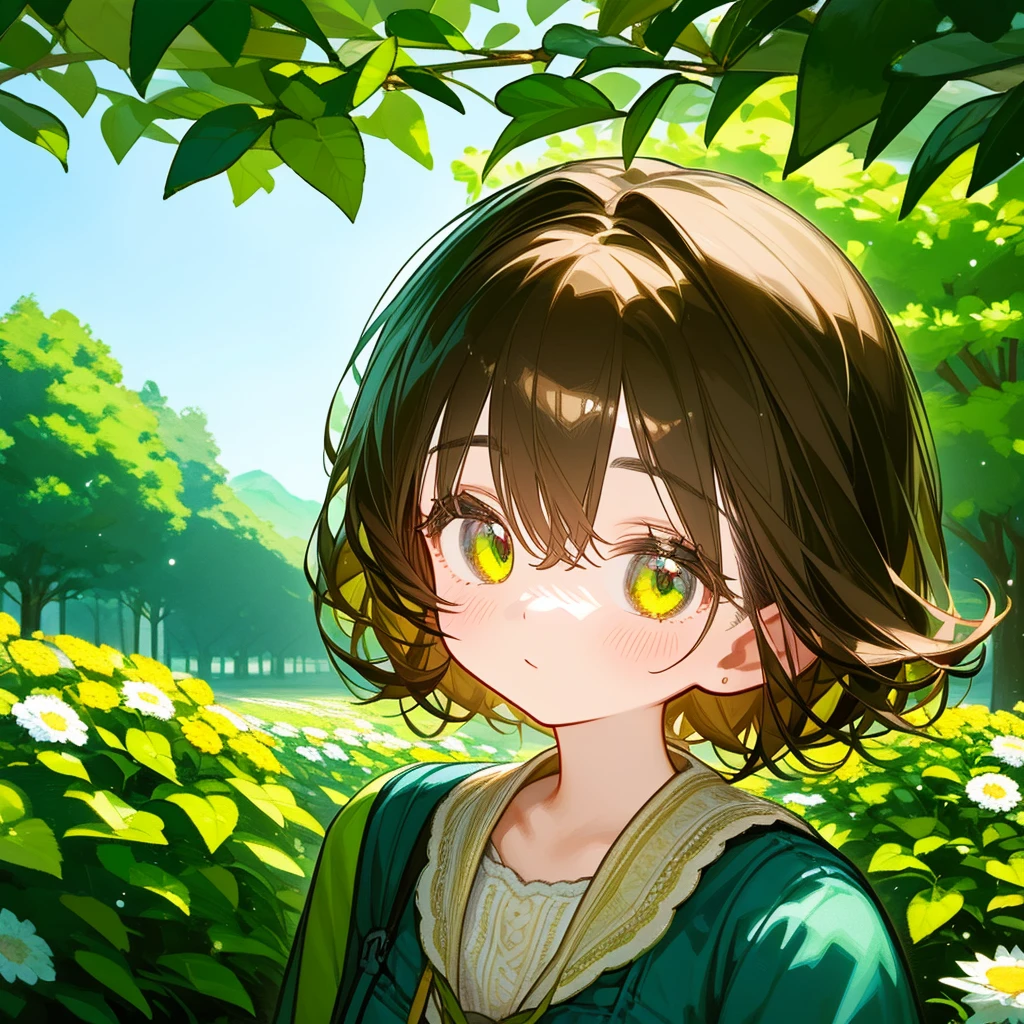 A solo vintage girl, in gardeninv, His hair color is brown, his eyes are green, bust up!!!!