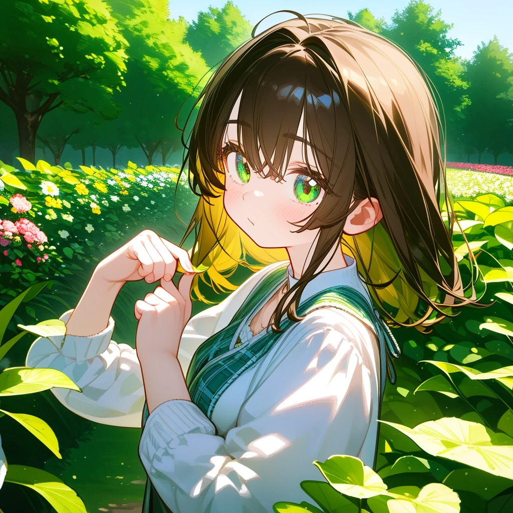 A solo vintage girl, in gardeninv, His hair color is brown, his eyes are green, bust up!!!!