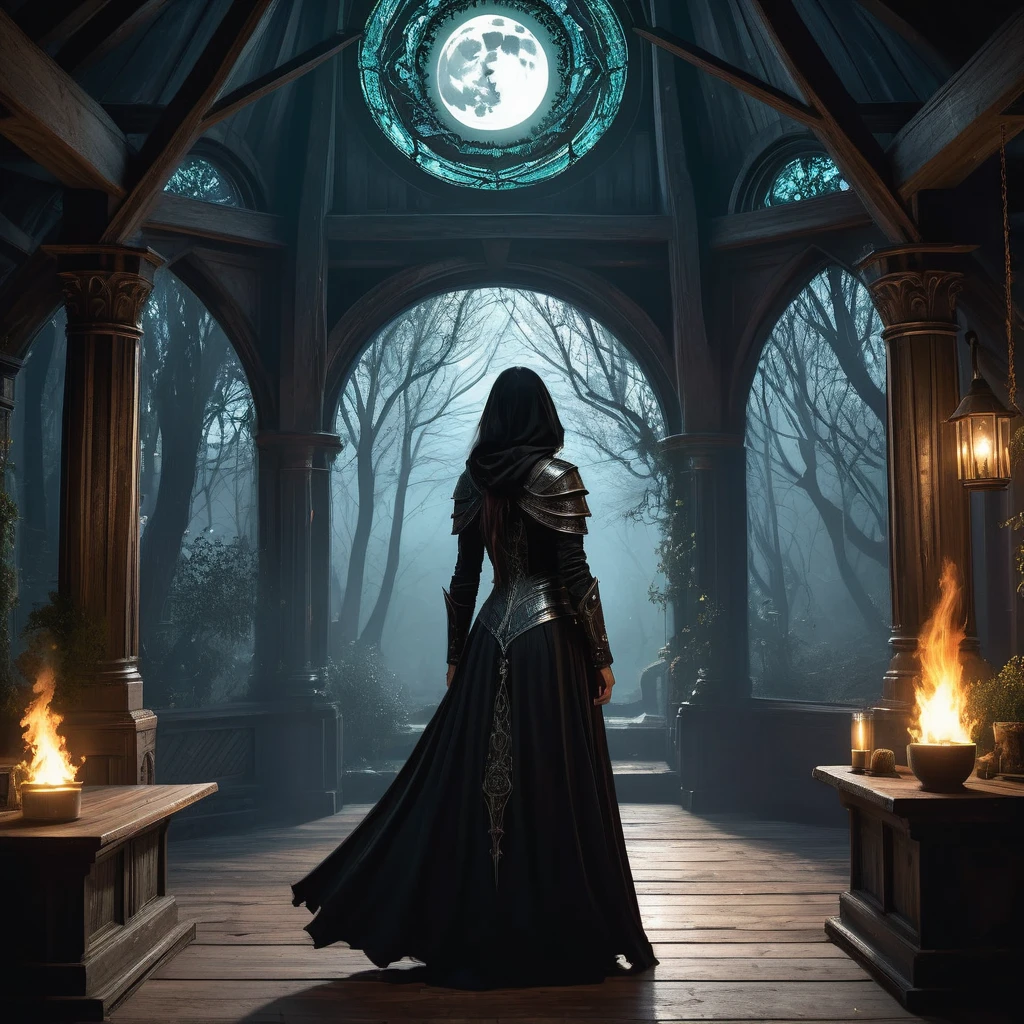 In the quiet solitude of a small, weathered cottage nestled at the edge of a dense forest, a figure stands silhouetted against the flickering light of a hearth fire. Her hair, a cascade of pure white that contrasts starkly against her dark attire, falls in waves down her back.
Dressed in a fitted black tunic adorned with intricate patterns of silver thread and leather straps, she wears practical trousers tucked into sturdy boots that have treaded many paths. Over her shoulder hangs a cloak, its deep midnight hue blending seamlessly with the shadows that dance along the walls.
The cottage, with its rough-hewn wooden beams and shelves filled with ancient tomes and mysterious artifacts, speaks of a life steeped in arcane knowledge and hidden lore. The air is heavy with the scent of herbs and potions brewed to ward off malevolent spirits that haunt the nearby woods.
Outside, the moon casts a pale glow through the lattice window, illuminating the herbs drying from the rafters and casting elongated shadows across the worn wooden floor. Every corner of the cottage whispers of secrets and spells, each carefully guarded against the darkness that threatens to encroach upon this haven.
In this realm of dark medieval fantasy, where magic and danger lurk just beyond the threshold, she stands as a sentinel—a keeper of ancient wisdom and protector of the fragile balance between light and shadow."