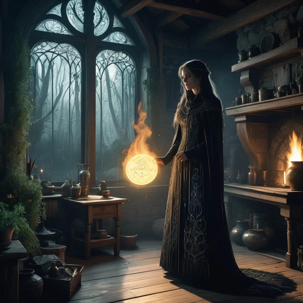 In the quiet solitude of a small, weathered cottage nestled at the edge of a dense forest, a figure stands silhouetted against the flickering light of a hearth fire. Her hair, a cascade of pure white that contrasts starkly against her dark attire, falls in waves down her back.

Dressed in a fitted black tunic adorned with intricate patterns of silver thread and leather straps, she wears practical trousers tucked into sturdy boots that have treaded many paths. Over her shoulder hangs a cloak, its deep midnight hue blending seamlessly with the shadows that dance along the walls.

The cottage, with its rough-hewn wooden beams and shelves filled with ancient tomes and mysterious artifacts, speaks of a life steeped in arcane knowledge and hidden lore. The air is heavy with the scent of herbs and potions brewed to ward off malevolent spirits that haunt the nearby woods.

Outside, the moon casts a pale glow through the lattice window, illuminating the herbs drying from the rafters and casting elongated shadows across the worn wooden floor. Every corner of the cottage whispers of secrets and spells, each carefully guarded against the darkness that threatens to encroach upon this haven.

In this realm of dark medieval fantasy, where magic and danger lurk just beyond the threshold, she stands as a sentinel—a keeper of ancient wisdom and protector of the fragile balance between light and shadow."