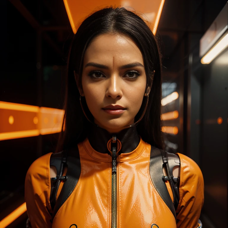 graceful orange a brazilian woman futuristic cyberpunk humanoid machine, symmetry _ _ 4, hyperrealistic high detail 7 0 mm, 4 k