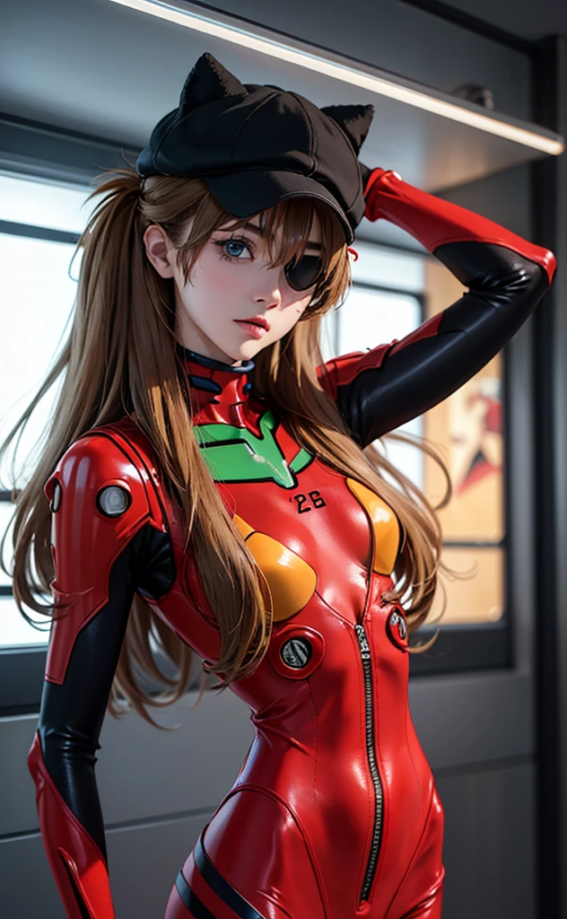 (A masterpiece:1.4、HighestQuali)、(intricately details)、Unity8k wallpapers、ultra - detailed、Beautiful and mysterious、Detailed background、hentail realism、Solo、Perfectly detailed face、Detailed blue eyes、highly  detailed、face flushed、hair adornments、Chignon mahogany hair、(Blonde hair)、Plug Suit 02,Shikinami Asuka Langley、Evangelion、Slender 15 year old girl、Black banded eye patch on left eye、Full body suit、with black background、On the waist、Pirate hat、Red chest、Red jersey、White line on the arm，The panties are not completely taken off