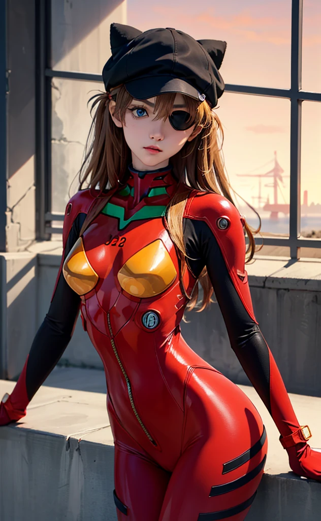 (A masterpiece:1.4、HighestQuali)、(intricately details)、Unity8k wallpapers、ultra - detailed、Beautiful and mysterious、Detailed background、hentail realism、Solo、Perfectly detailed face、Detailed blue eyes、highly  detailed、face flushed、hair adornments、Chignon mahogany hair、(Blonde hair)、Plug Suit 02,Shikinami Asuka Langley、Evangelion、Slender 15 year old girl、Black banded eye patch on left eye、Full body suit、with black background、On the waist、Pirate hat、Red chest、Red jersey、White line on the arm，The panties are not completely taken off