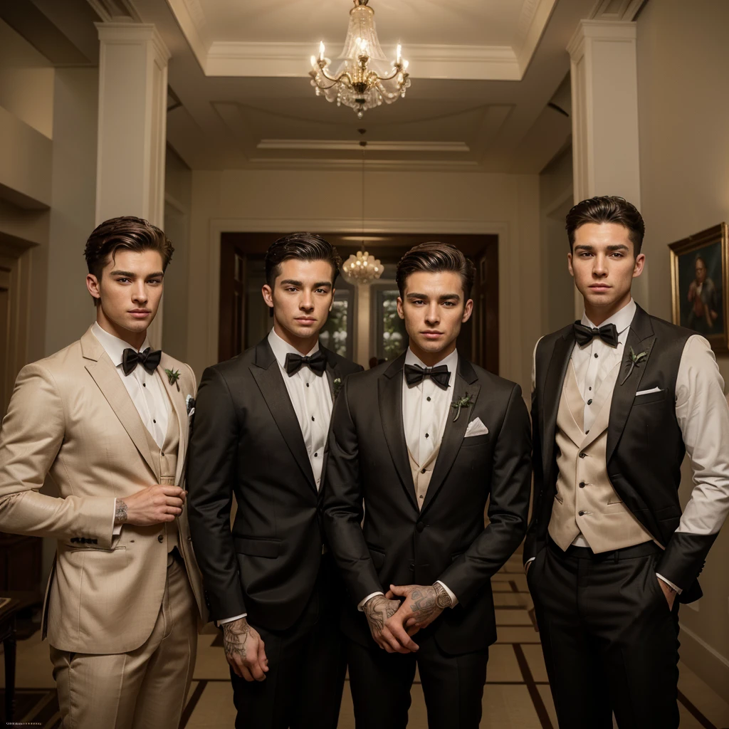 Three 25-year-old boys, with a masculine appearance, wearing a suit , like groomsmen . The scene depicts a masterpiece of art, showcasing the boy's professional and wealthy lifestyle. The image is of the best quality, with ultra-detailed features. The color tone is rich and vibrant ,masterpiece, ultra realistic, detailed face, detailed fingers