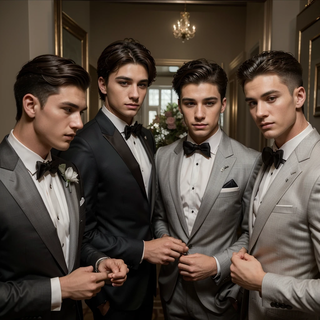 Three 25-year-old boys, with a masculine appearance, wearing a suit , like groomsmen . The scene depicts a masterpiece of art, showcasing the boy's professional and wealthy lifestyle. The image is of the best quality, with ultra-detailed features. The color tone is rich and vibrant ,masterpiece, ultra realistic, detailed face, detailed fingers