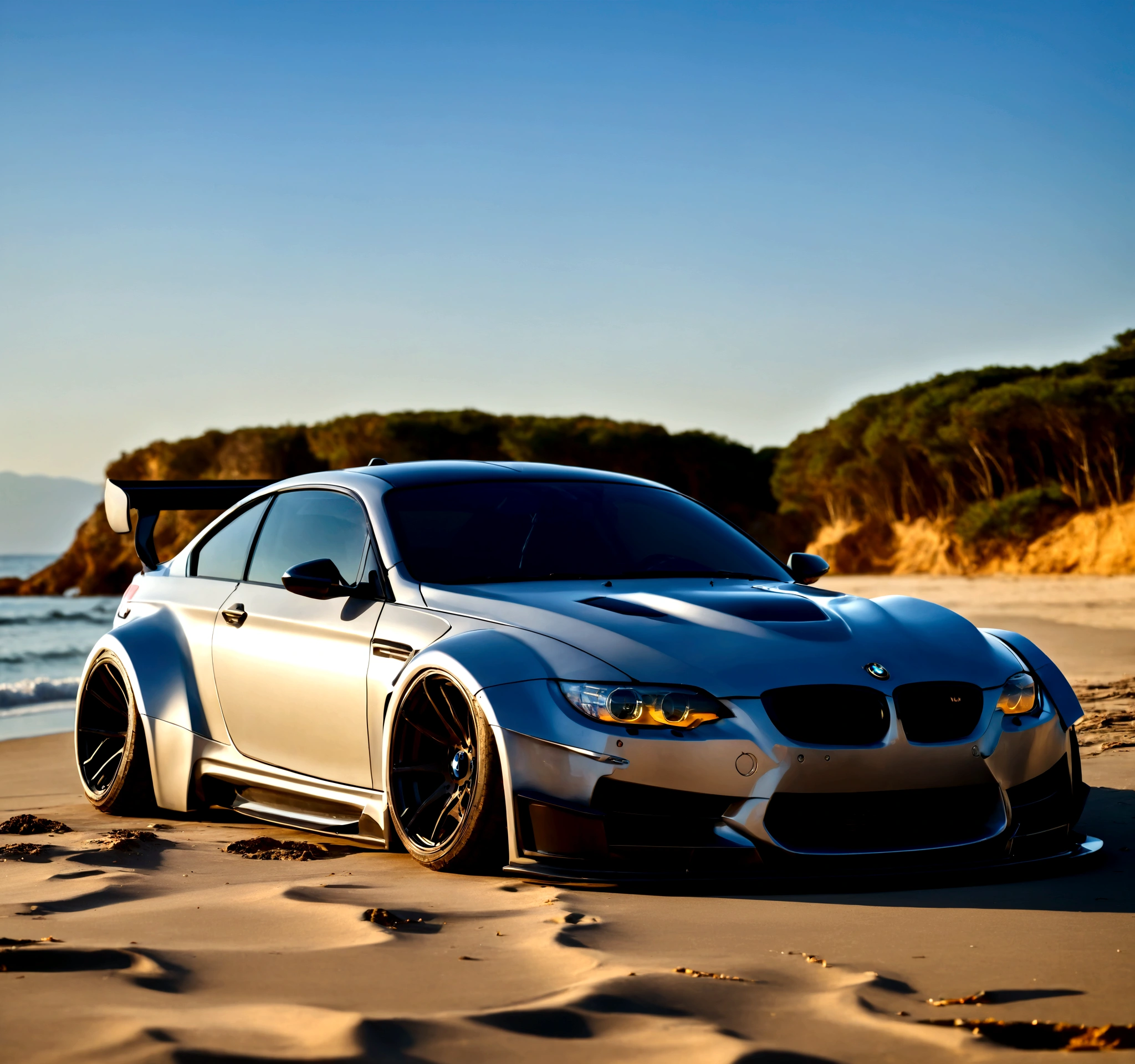 Bmw with liberty walk bodykit, riding on beach, in sunshine morning