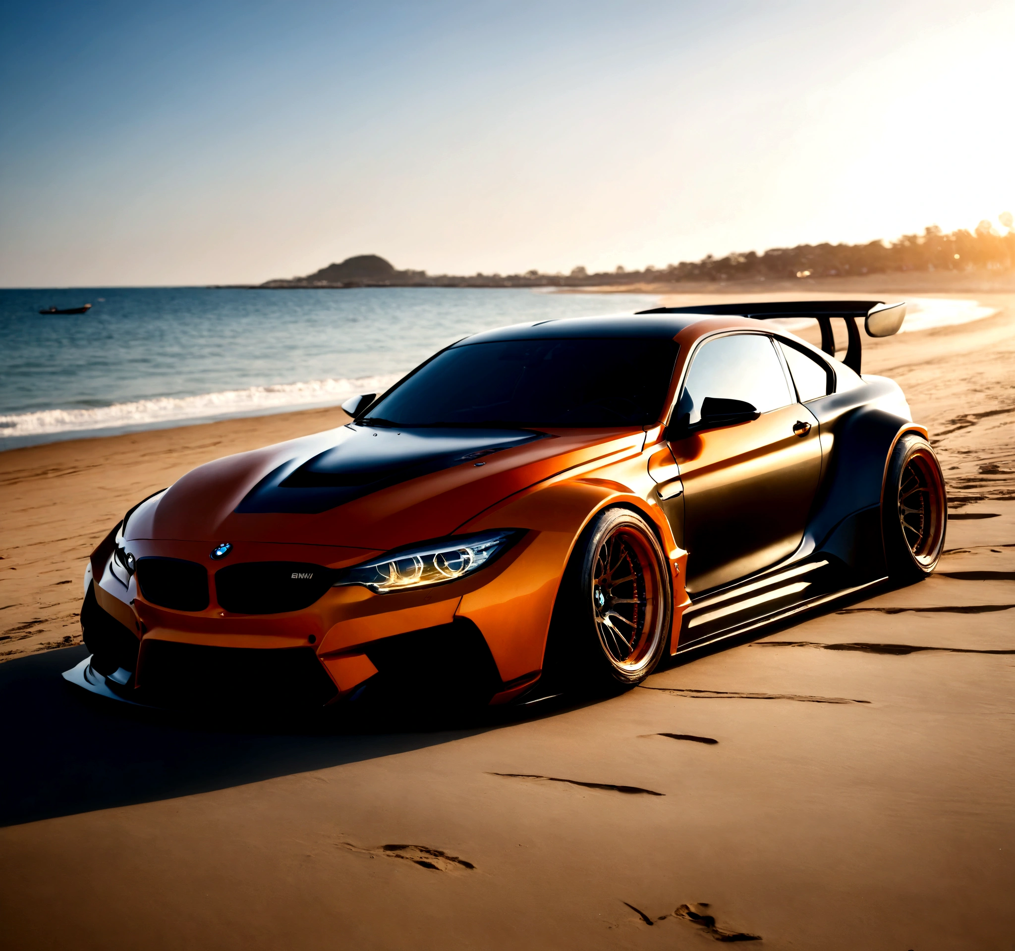 Bmw with liberty walk bodykit, riding on beach, in sunshine morning